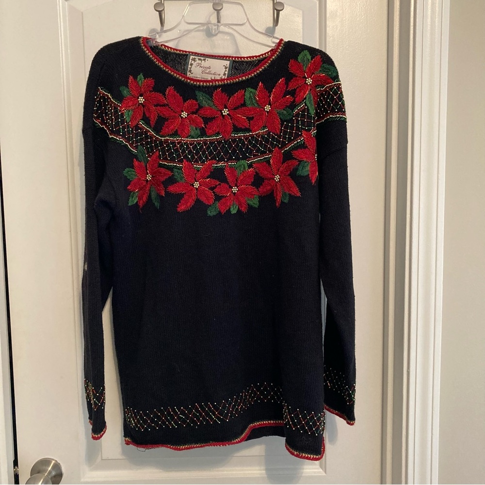 Vintage Beaded Poinsettia Ugly Christmas Sweater